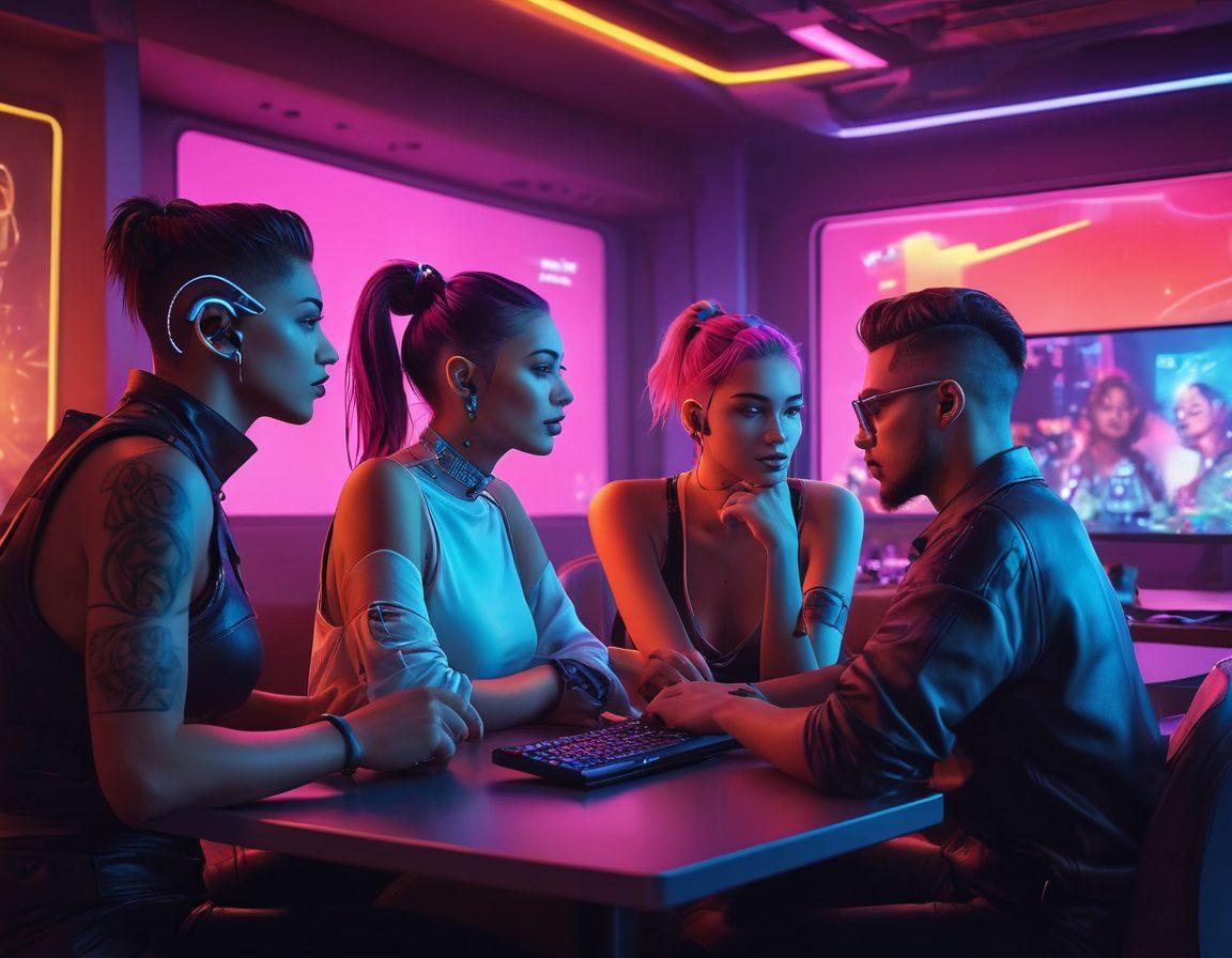 A captivating and alluring scene depicting a diverse group of individuals engaging with vibrant, colorful webcams in a stylish, modern digital environment. Include elements of glowing screens, playful facial expressions, and a sense of connection and flirtation. The background should be dynamic and immersive, showcasing various digital interactions. super-realistic. vibrant colors. cyberpunk.
