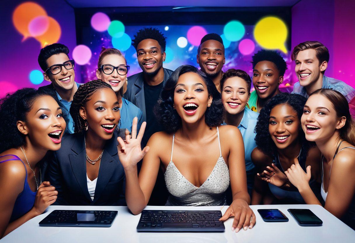 A vibrant, interactive scene featuring diverse adult performers engaging with an enthusiastic online audience through high-tech webcams. The setting includes colorful lighting and dynamic backgrounds, showcasing various personalities and styles, from glamourous to playful. The image should convey a sense of connection and excitement, with elements like chat bubbles and emojis to reflect audience interaction. Add a futuristic touch with sleek tech gadgets and a digital interface. super-realistic. vibrant colors. dynamic composition.